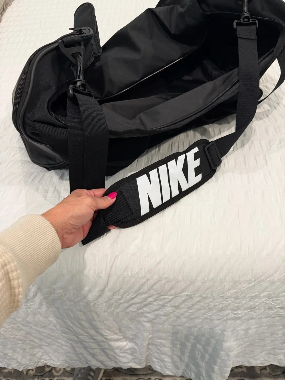 Nike Black Duffel with White Swoosh Logo